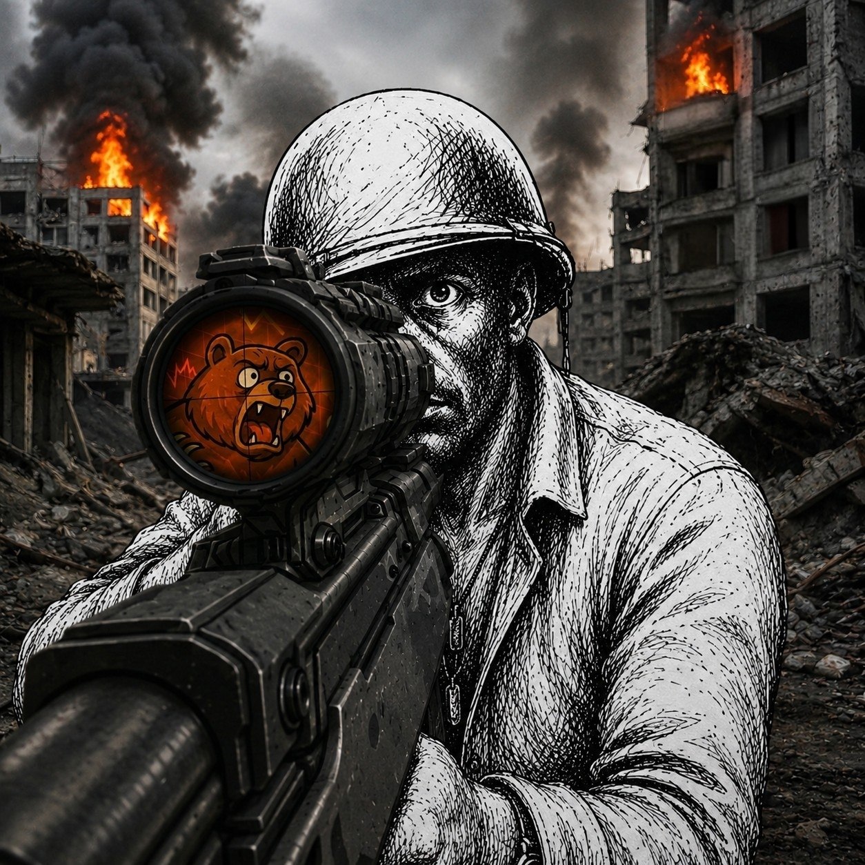Trenchcoin soldier aiming a weapon in ruined streets